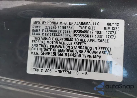 2012 Honda Odyssey Ex-L from USA, damaged, VIN 5FNRL5H66CB144260